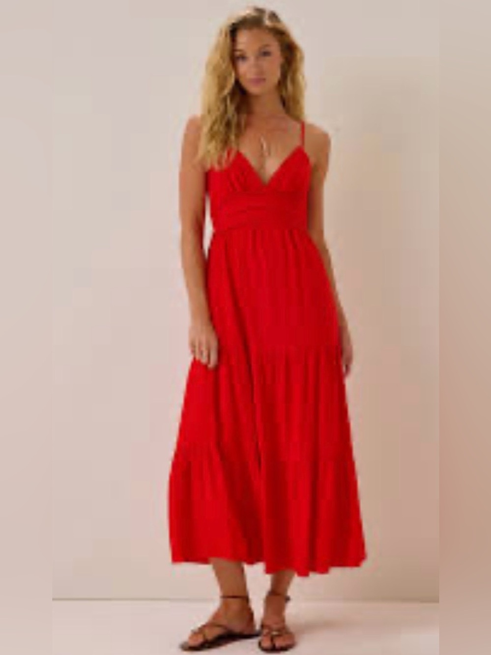 Altar'd State red ruffled maxi dress V-neckline thin spaghetti straps SZ Large